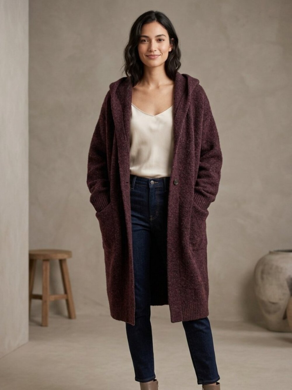 UNIQLO 100% Wool Hooded Long Cardigan Coat Burgundy S Excellent